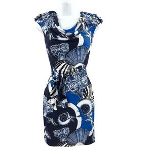 Vintage Cache Dress Womens Size XS Blue Black Belted Shell Nautical Beach Y2K